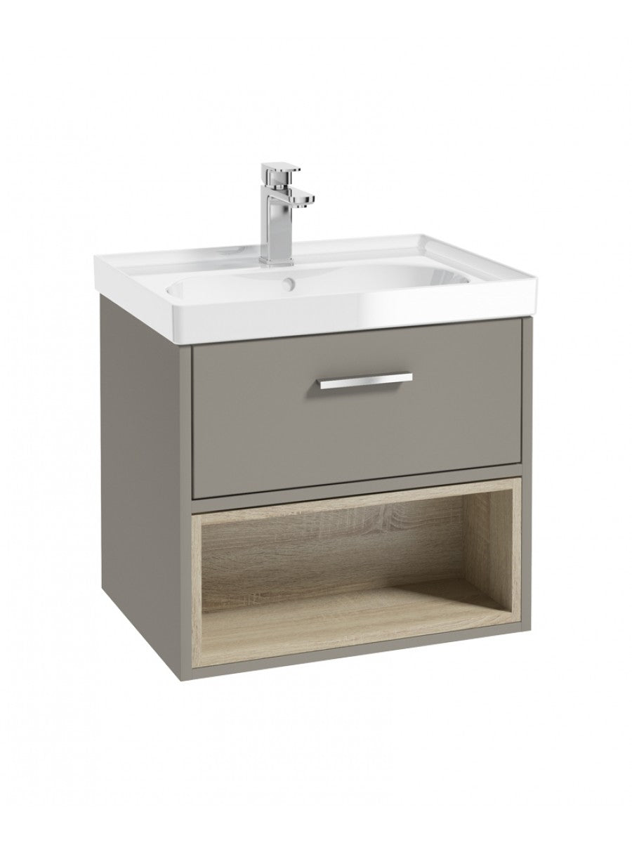 Malmo 60cm Single Drawer - Open Shelf Unit - Khaki - Chrome Handle - Gloss Basin